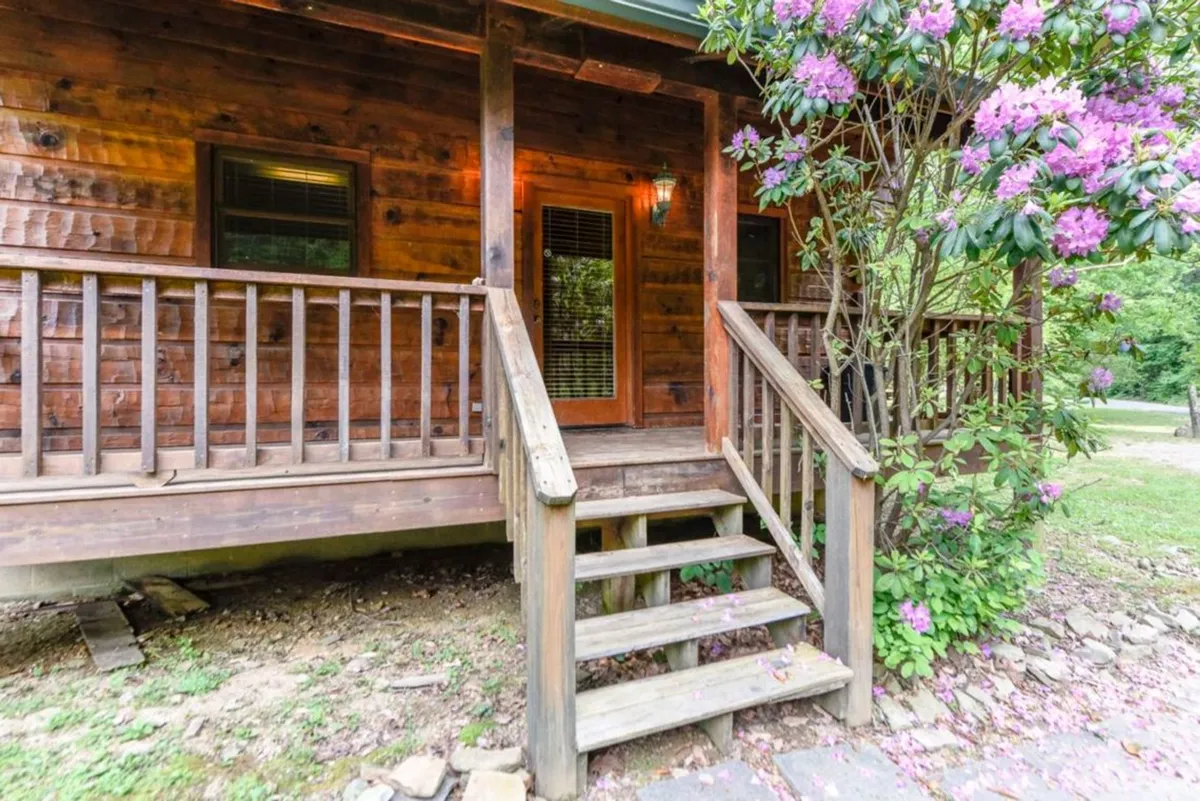 A welcoming view of the cabin's exterior featuring level wooden steps, a flowering rhododendron, and the main entrance with a sturdy wooden railing. The area is open, inviting, and clearly accessible, suggesting ease for guests with pets, families, or those needing level access.